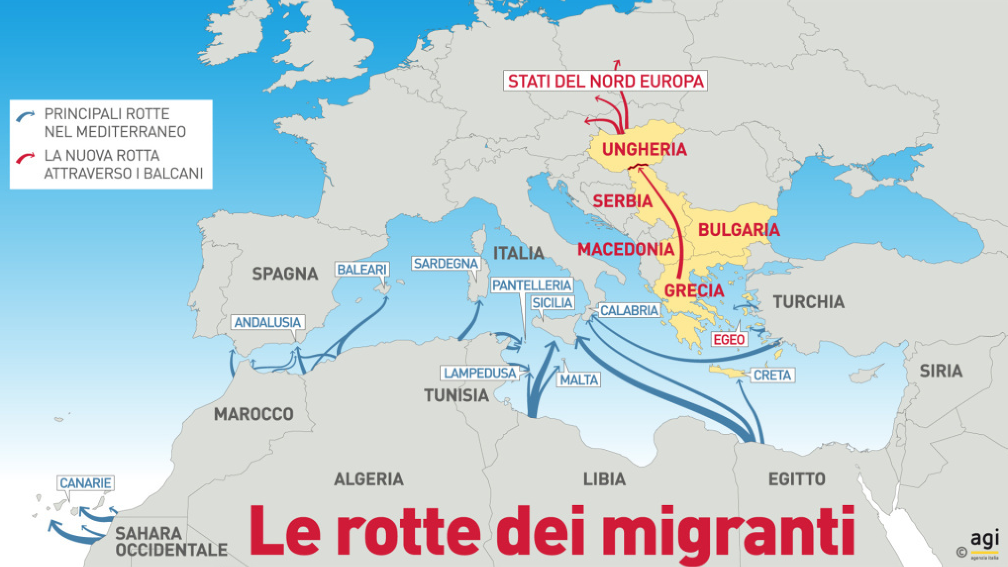Le rotte dei migranti nel Mediterraneo verso l'Europa (studio AGI)