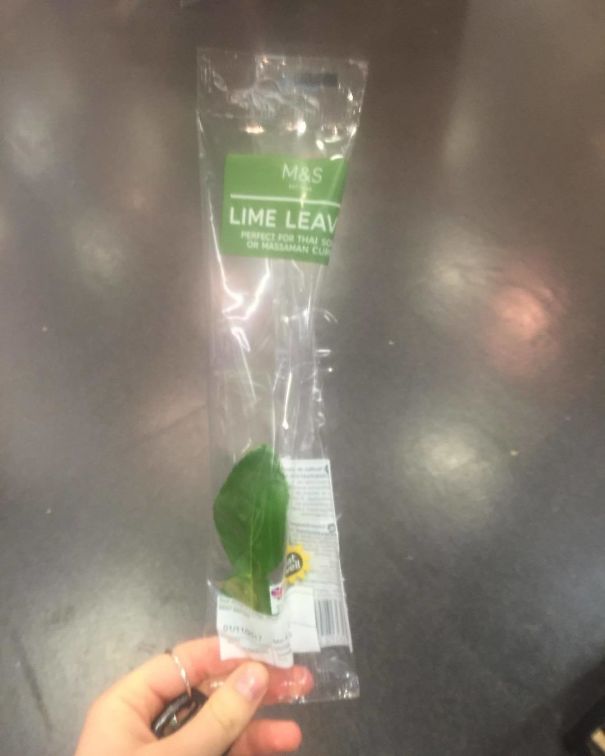 Una foglia di lime avvolta in una busta di plastica. (pointless packaging)
