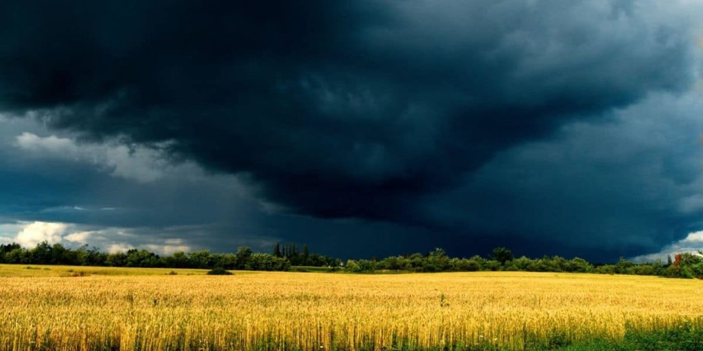 Perturbazione estiva che incombe su un campo di cereali, possibile effetto del riscaldamento globale