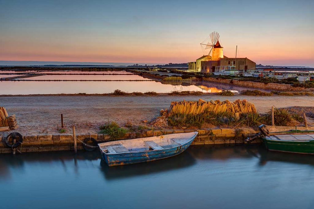 sunset at the saltpans of marsala