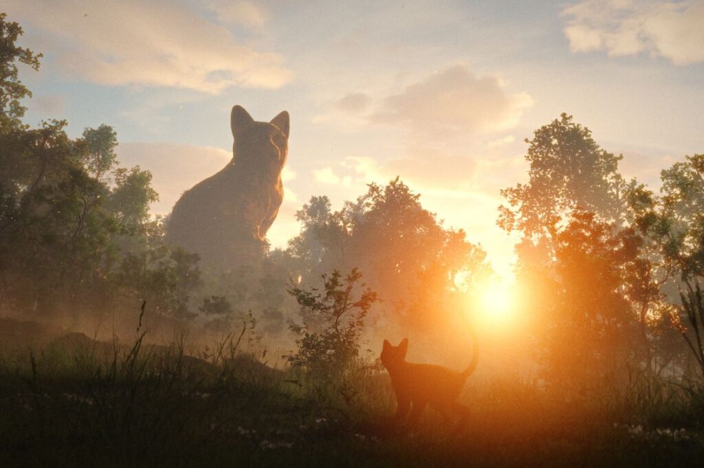 Scena del film d’animazione Flow – Un mondo da salvare con un gatto in un paesaggio naturale al tramonto