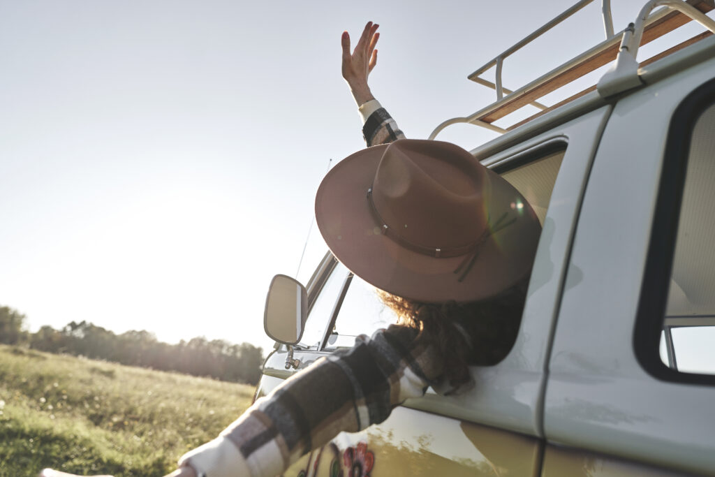 Woman Leaning Out Of The Camper Van Enjoys The View original 2913593